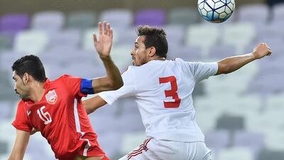 Walid Abbas, left, was on target for the UAE in their 2-0 friendly win over Bahrain at Hazza bin Zayed Stadium in Al Ain on Wednesday, November 9, 2016. Courtesy UAE FA