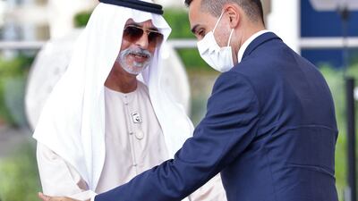 Italian Foreign Minister Luigi Di Maio and UAE Minister of Tolerance and Coexistence Sheikh Nahyan bin Mubarak at the Al Wasl Plaza at Expo 2020 Dubai. AFP