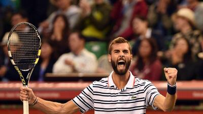 Benoit Paire celebrates his win over Kei Nishikori on Saturday in the ATP Japan Open semi-final. Toshifumi Kitamura / AFP / October 10, 2015