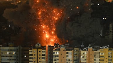 A fireball rises from the site of an Israeli air strike that struck an area in Beirut’s southern suburbs. AFP