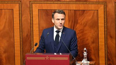 French President Emmanuel Macron delivers a speech at the Moroccan parliament in Rabat on Tuesday. EPA