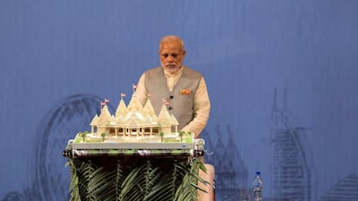 Narendra Modi, prime minister of India, unveils a model of the Middle East's first traditional Hindu stone temple in Abu Dhabi. Courtesy: BAPS Swaminarayan Sanstha