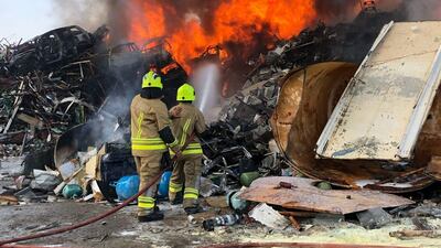 Civil Defence teams fight a fire that broke out in Mussaffah on Tuesday. Courtesy Security Media