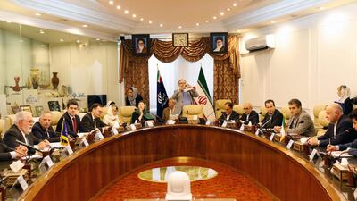 Miguel Arias Canete (L), European Union Energy Commissioner, during a meeting with Iranian officials in the capital Tehran on May 19, 2018. Iran said it would wait to see whether Europe produces tangible results in overcoming US sanctions before deciding whether to stay in the nuclear deal, as a top EU official visited Tehran to present plans to maintain trade ties. AFP / STR