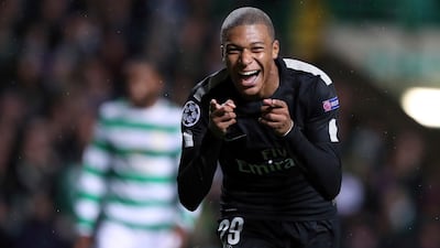 Kylian Mbappe celebrates scoring for PSG against Celtic in Glasgow in the Champions League group stage in 2017. AP