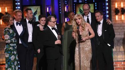 Producer Sonia Friedman and the cast and crew of "Harry Potter and the Cursed Child, Parts One and Two" accept the award for best play at the 72nd annual Tony Awards. Michael Zorn / Invision / AP