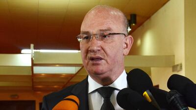 Smail Chergui, Commissionner for Peace and Security of the African Union (AU), answers to journalists' questions at Bujumbura airport on January 19, 2017, at the end of his visit to Burundi. Onesphore Nibigira / AFP