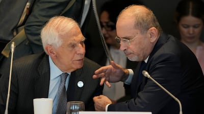 EU foreign policy chief Josep Borrell, left, with Jordan's Minister of Foreign Affairs, Ayman Safadi, in Brussels. AP