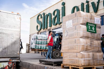 Aid organised by the Egyptian Red Crescent is prepared in Al Arish, Egypt. Getty