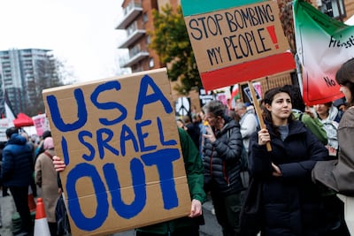 Thousands attended the 'Hands off Iran' march to the US Embassy in London. EPA