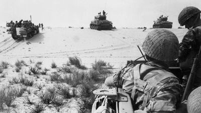 This photo taken on June 5, 1967 shows Israeli armoured forces in the Sinai Desert. AFP
