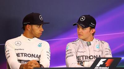 Lewis Hamilton, left, is second in the Formula One driver standings to his Mercedes teammate Nico Rosberg, right. Mathias Kniepeiss / Getty Images