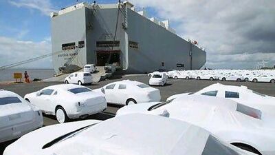 Audi, Bentley and Volkswagen cars, a major component of Germany's export machinery, are loaded into a ship in Emden. Sean Gallup / Getty Images