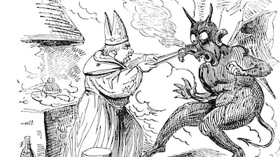 An illustration of St Dunstan, the patron saint of goldsmiths, seizing the Devil by the nose with red-hot pincers when the latter interrupts him as he makes a golden chalice. Ann Ronan Pictures / Getty Images