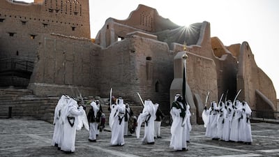 A traditional Ardah dance is performed in front of Salwa Palace, the largest single structure in At-Turaif. Photo by Meshari Almuhanna / DGDA