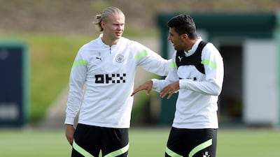 Erling Haaland and Rodrigo of Manchester City at training. Getty
