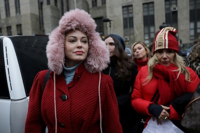 Rose McGowan arrives with Rosanna Arquette outside New York Criminal Court on the first day of film producer Harvey Weinstein's sexual assault trial. AP