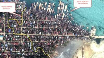 These pictures taken by satellite reveal the wanton and near total destruction of the Rohingya coastal community of Kyaukpyu. This image shows the thriving town in March this year. The next one, taken last week, reveals the extent of the damage. Courtesy Human Rights Watch