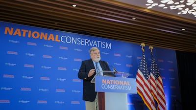 Douglas Wilson, a preacher, speaks at the National Conservatism conference on September 4 in Washington. The 'NatCons' are well positioned to shape Republican politics from 2028 onwards. AP