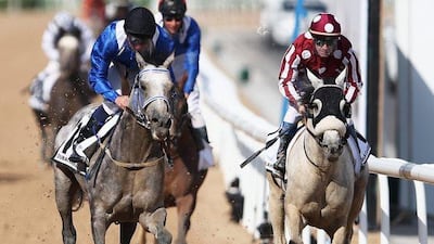 Dane O'Neill (L) rides Af Mathmoon to victory in the Dubai Kahayla Classic Empowered By IPIC as part of the Dubai World Cup at Meydan Racecourse on March 26, 2016 in Dubai, United Arab Emirates. (Photo by Warren Little/Getty Images)