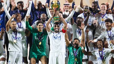 Al Hilal players celebrate after beating Al Nassr to win the Saudi Super Cup at Prince Sultan bin Abdul Aziz Stadium on August 17, 2024. Getty Images