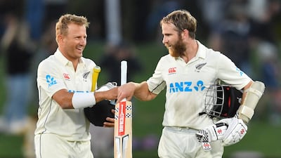 New Zealand's Kane Williamson, right, and Neil Wagner after winning the first Test against Sri Lanka. AFP