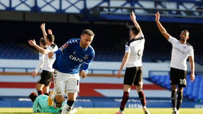 Everton's Cenk Tosun celebrates scoring but the goal was disallowed by VAR for offside. Reuters