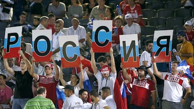 Russian supporters cheer for their team during the Samsung Beach Soccer Intercontinental Cup 2013 in Dubai. Antonie Robertson / The National