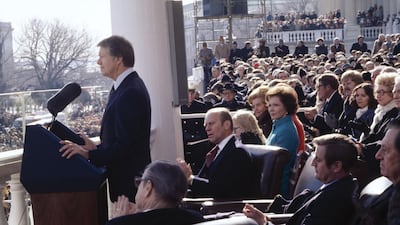 President Jimmy Carter makes his inaugural speech after being sworn in on January 20, 1977 on the East Portico of the U.S. Capitol, Washington, D.C. Getty Images