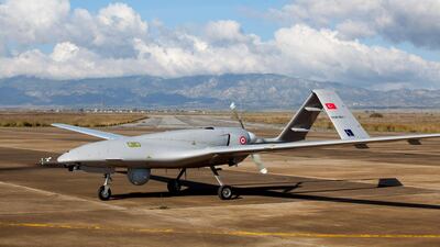 A Bayraktar TB2 drone at Gecitkale Airport in Famagusta in the self-proclaimed Turkish Republic of Northern Cyprus. AFP