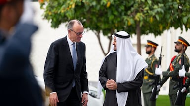 President Sheikh Mohamed meets German Chancellor Friedrich Merz at Al Shati Palace in Abu Dhabi. Photo: X