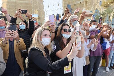 Crowds gather to catch a glimpse of Sheikh Hamdan bin Mohammed, Crown Prince of Dubai and Prince William at Expo 2020 Dubai. Getty Images
