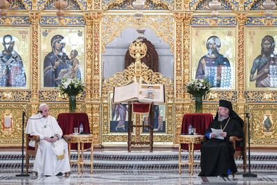 Pope Francis and Archbishop of the Greek Orthodox Church of Cyprus Chrysostomos II at a meeting with the holy synod at the Orthodox Cathedral in Nicosia on Friday. EPA