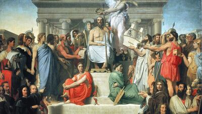 The Apotheosis of Homer' 1827: Jean Auguste Dominique Ingres (1780-1867) French classical painter. Universal History Archive / Getty Images