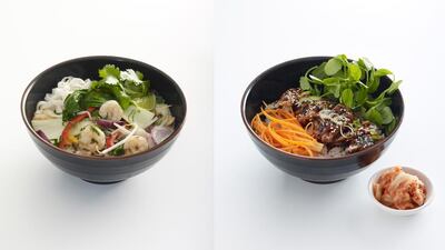 Prawn itame, left, and Rice chicken donburi at Wagamama. Courtesy Wagamama