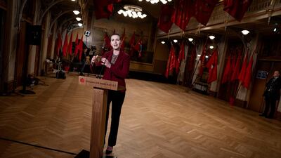 Danish Prime Minister and leader of the Social Democrats, Mette Frederiksen delivers her May Day speech during live broadcasting at the Labour Museum in Copenhagen, Denmark. EPA