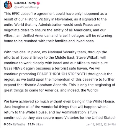 Donald Trump posted this message about the Gaza ceasefire deal on Truth Social on January 15, 2024. Photo: Screengrab
