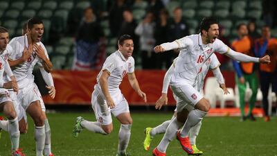 Marko Grujic, right, is expected to sign for Liverpool next month but will spend the remainder of the season on loan at Red Star. Fiona Goodall / AFP