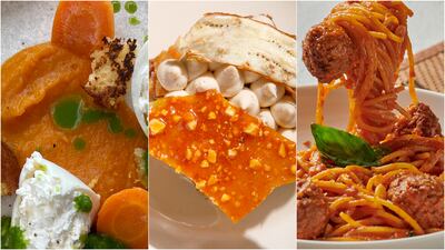 From left to right: A carrot and burrata dish by chef Kelvin Cheung, banana cake and cream by chef Rahul Sharma and Sicilian-American lamb meatballs by chef Anthony Falco.
