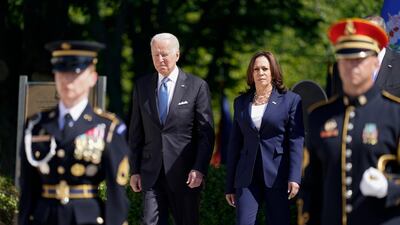 US President Joe Biden, with Vice President Kamala Harris, at Arlington National Cemetery, is vying for a rejuvenated and more inclusive Nato. AP Photo