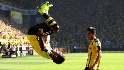 Pierre Emerick Aubameyang of Dortmund celebrates after scoring his team's first goal against FSV Mainz on Saturday. Lars Baron / Getty