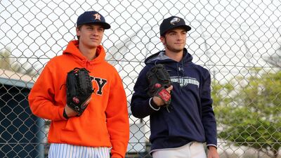 Dubai Little League pitchers Ollie Duthie (blue) and Mattia Sparacino have received offers to play baseball next season at university level in the USA and Canada. Chris Whiteoak / The National