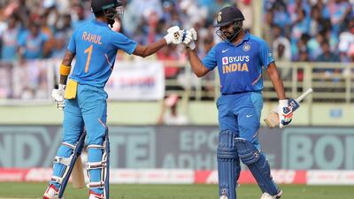 KL Rahul, left, and Rohit Sharma added 227 runs during the second ODI in Visakhapatnam on Wednesday. AFP
