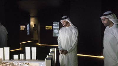 Sheikh Mohammed bin Zayed at the Story of Abu Dhabi & Its People exhibition at Qasr Al Hosn. With him is Mohamed Khalifa Al Mubarak, Chairman of Abu Dhabi Tourism and Culture Authority. Ryan Carter / Crown Prince Court - Abu Dhabi