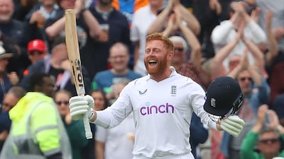 England's Jonny Bairstow celebrates after reaching his century on Day 3 of the fifth Test against India at Edgbaston, on Sunday, July 3, 2022. AFP