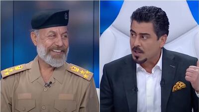 Actor Ayad Al Taie, left, and TV presenter Ahmed Mulla Talal take part in a mock interview in which they discuss accusations of corruption in Iraq's Defence Ministry. Ahmed Mulla Talal