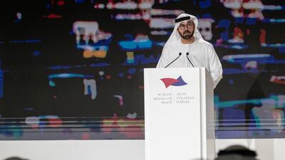 Mohammed Al Gergawi, the President of the Arab Strategic Forum and the Minister of Cabinet Affairs, opens this year's forum. Antonie Robertson / The National