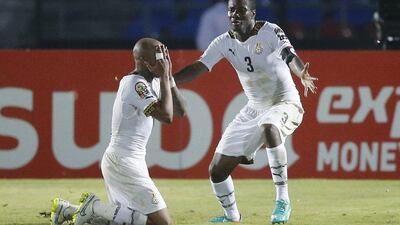 Andre Ayew, left, celebrates his winning goal against South Africa with teammate Asamoah Gyan during their 2015 African Cup of Nations Group C match in Mongomo on January 27. Mike Hutchings / Reuters