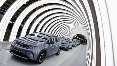 Electric cars at BYD's factory in Rayong, Thailand. The car maker's shares surged after it unveiled plans to build a plant in Turkey. Reuters