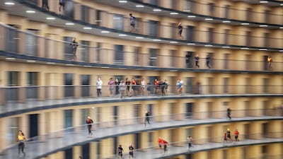 Competitors in the Vortex race near Lausanne, western Switzerland. Around 2,000 participants run up the 2.8 km helicoidal passageway of the Vortex, an iconic eight-floor circular building at the University of Lausanne. AFP